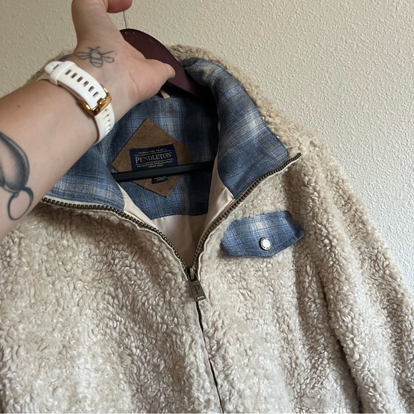 Pendleton Cream Sherpa Shearling Fuzzy Fleece Zip Up Jacket Women's Size Medium - Picture 11 of 14